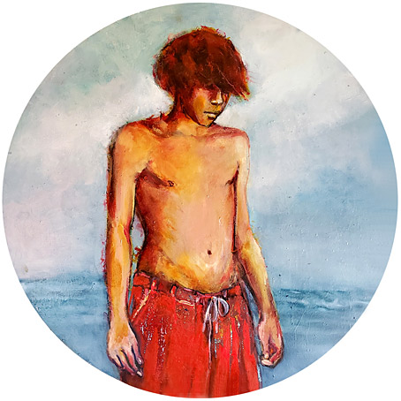 Jayne Thomas nz figurative art, Boy in red togs, acrylic